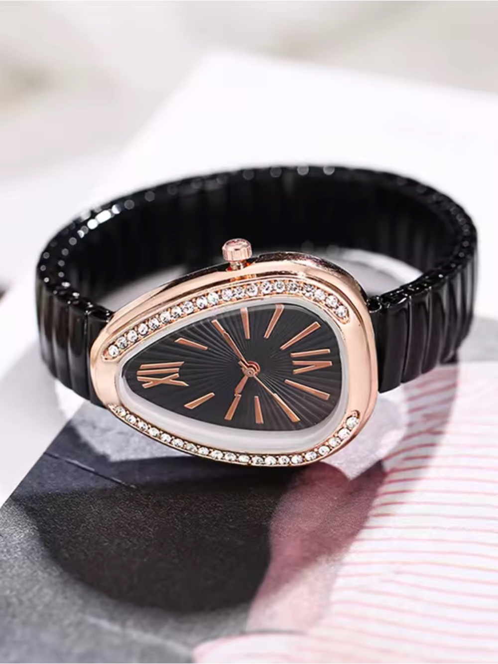 Kohl's Black Dial Teardrop Watch with Rose Gold Crystal Case